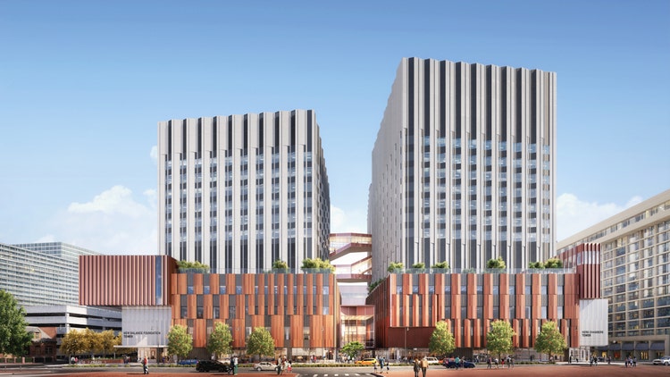 Rendering showing the front elevation of the Phillip and Susan Ragon Building.